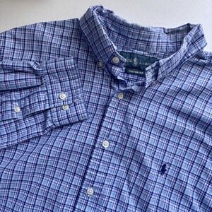 Ralph Lauren Mens Custom Fit Shirt Size 17 (XL) Blue Pink Plaid Preppy Pony Logo